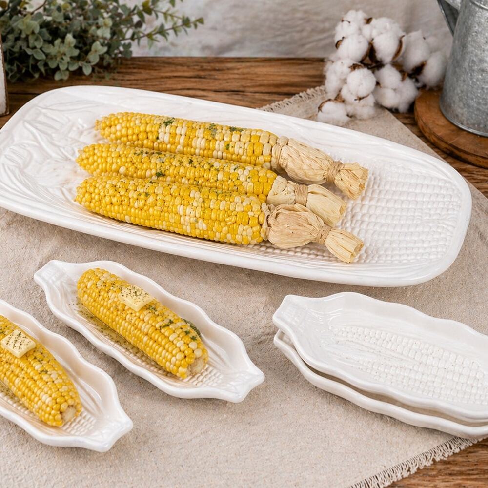 Corn Serving Platter and 4 Corn Dishes White Ceramic
